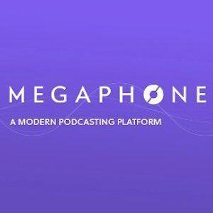 Image is the logo for Megaphone featuring a blue background with white waveforms. White capital font reads "Megaphone, a modern podcasting platform".