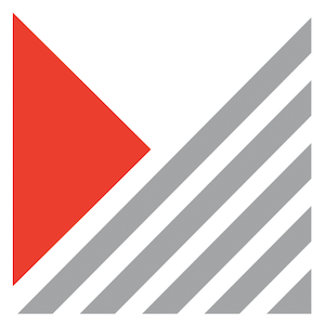 Image is the logo for Midroll featuring a white background, a red triangle on the left hand side and grey stripes that go from the bottom left corner to the right hand side of the square.