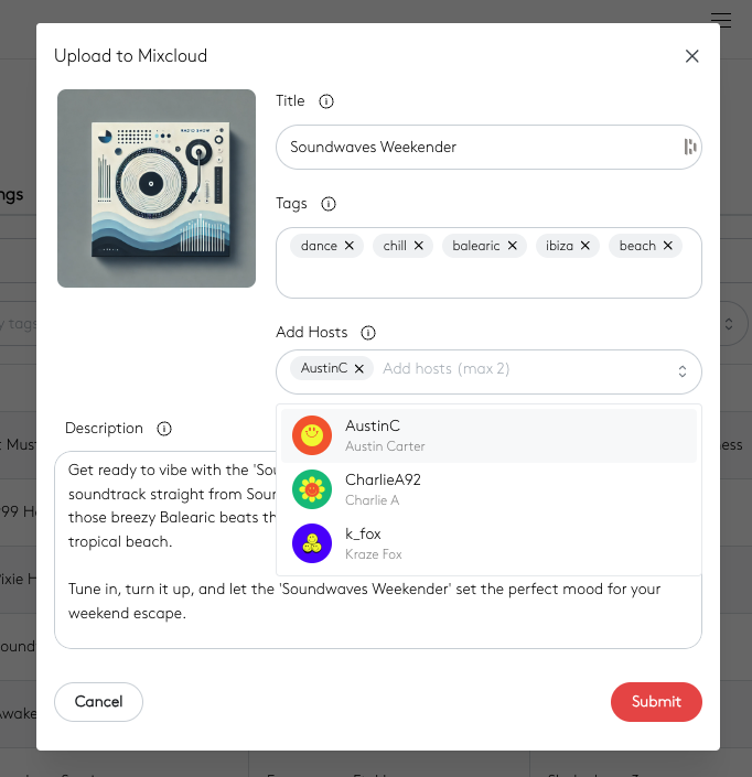 Image shows the Upload To Mixcloud window in the Radio.co dashboard.