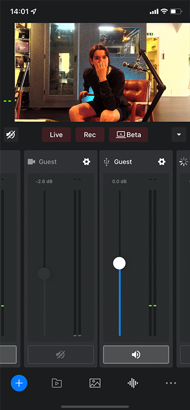 A screenshot of the Mevo Multicam app showing the internal microphone muted.