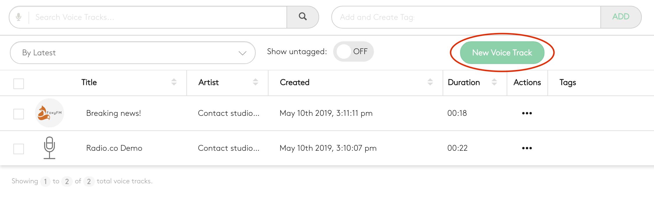 Image is a screenshot from the Radio.co dashboard, showing the voice tracking feature.