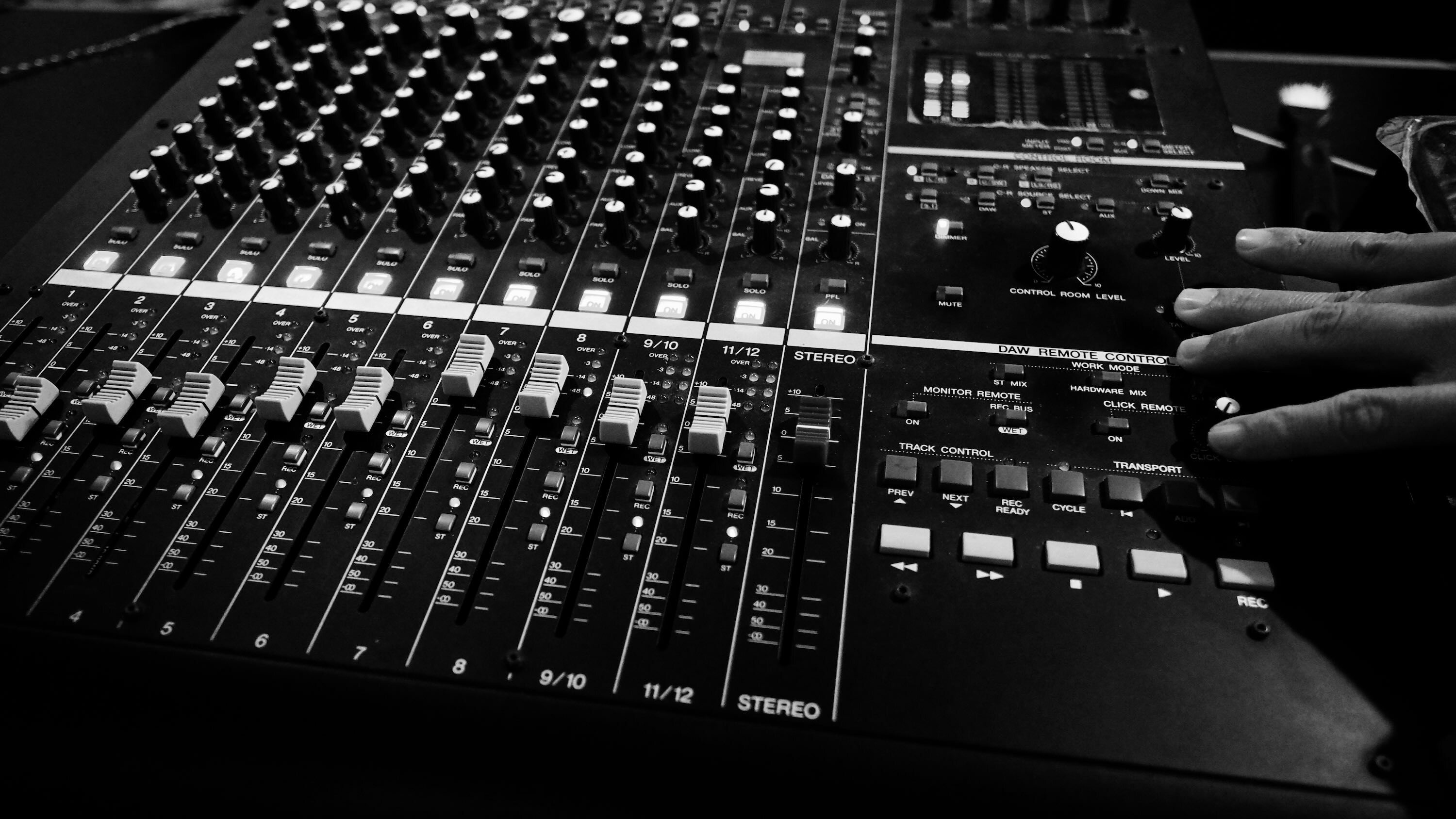 Black and white image of mixing desk