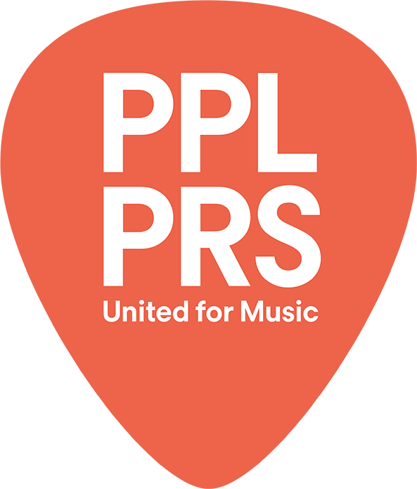 Image shows the logo for PPL PRS: an orange plectrum shape with white font inside it that reads