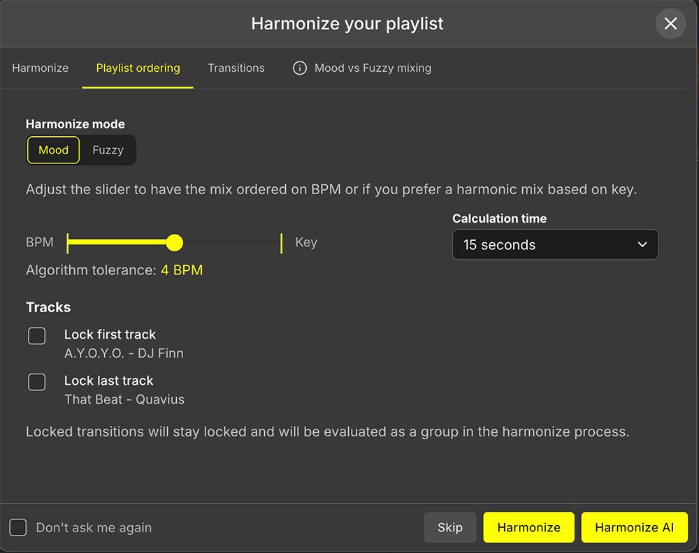 Image shows the Playlist Ordering Tab in the Harmonize window in DJ Studio.
