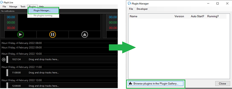 The PlayIt Live toolbar and plugin manager window.