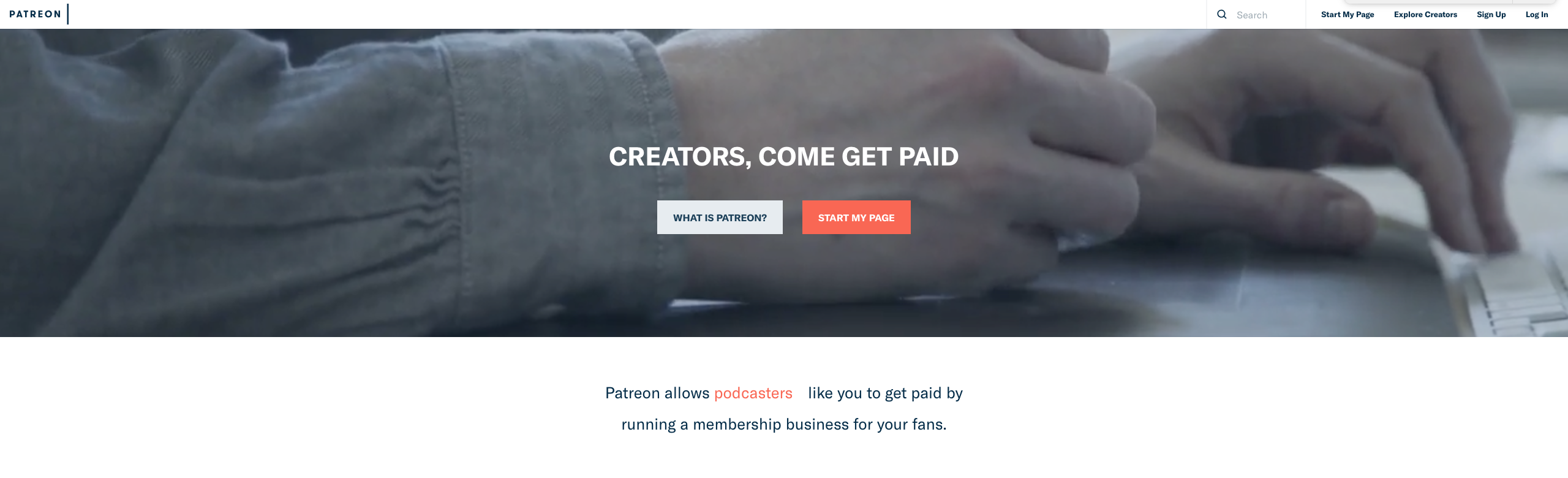 Image shows a screenshot of the Patreon homepage.