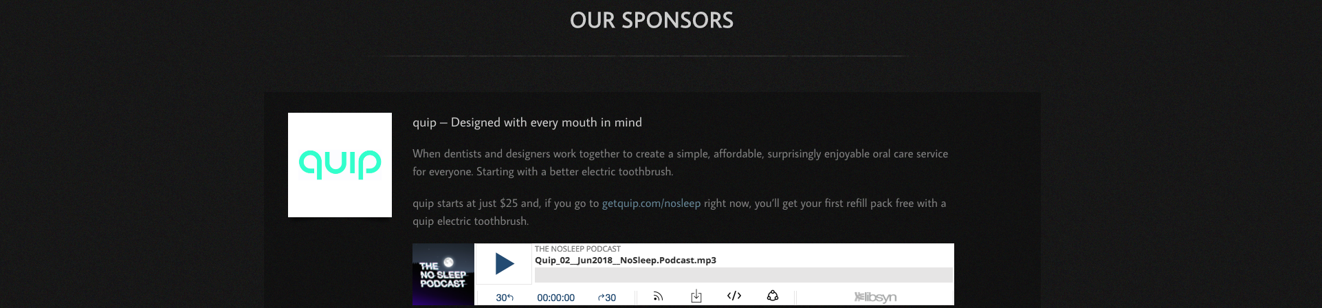 Image is a screenshot from a podcast website, showing details of the podcast sponsor.