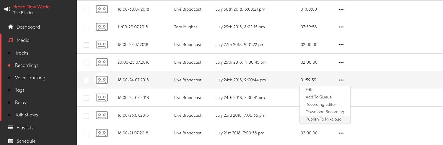 Image shows a list of tracks within the Radio.co dashboard and the Actions options.