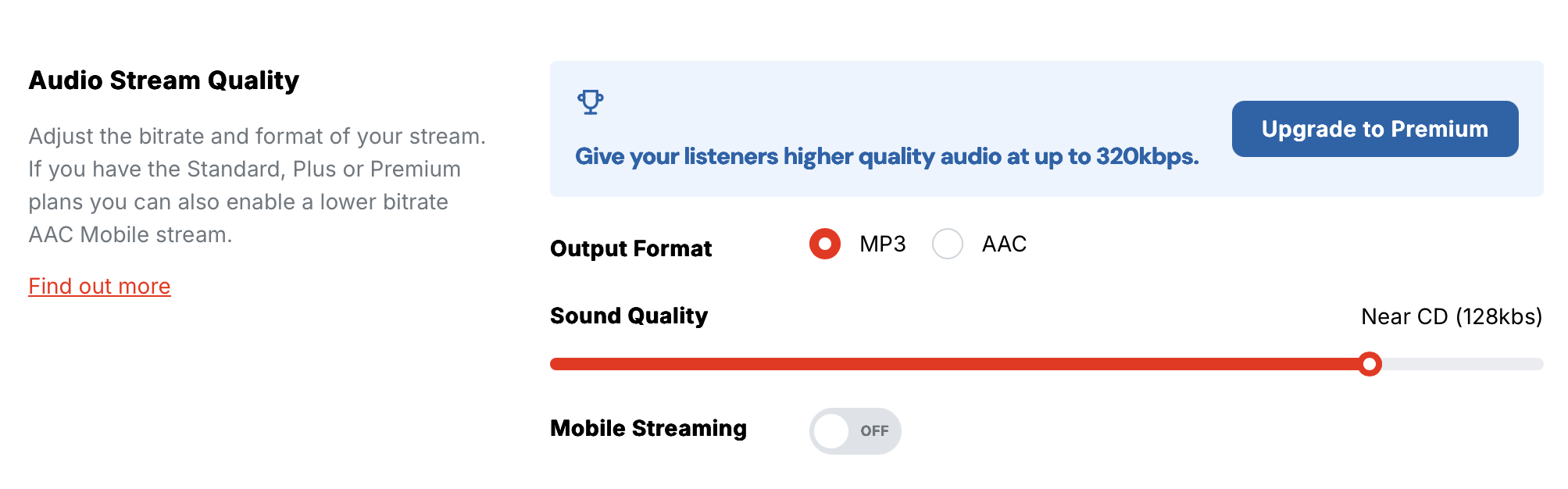Screenshot of Radio.co dashboard showing audio quality settings