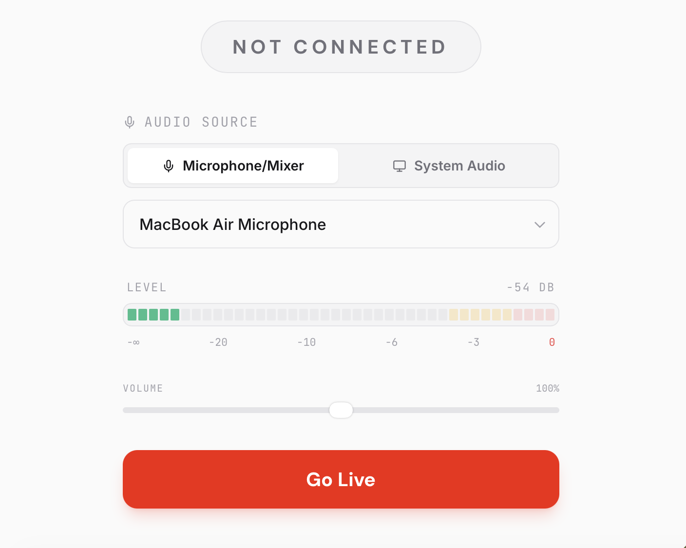 Screenshot of Radio.co dashboard showing go Live feature