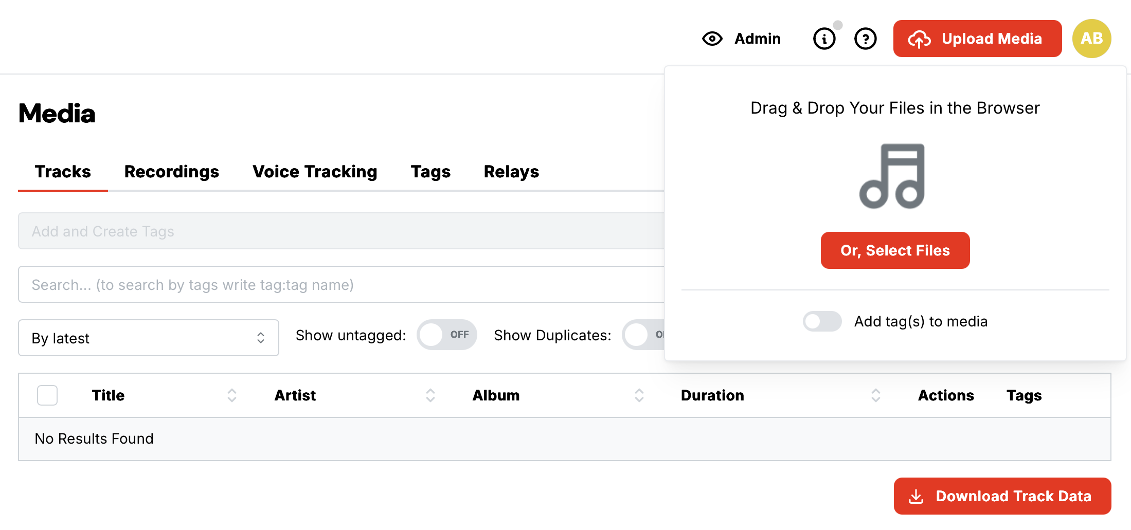 Screenshot of Radio.co dashboard showing Drag & Drop feature