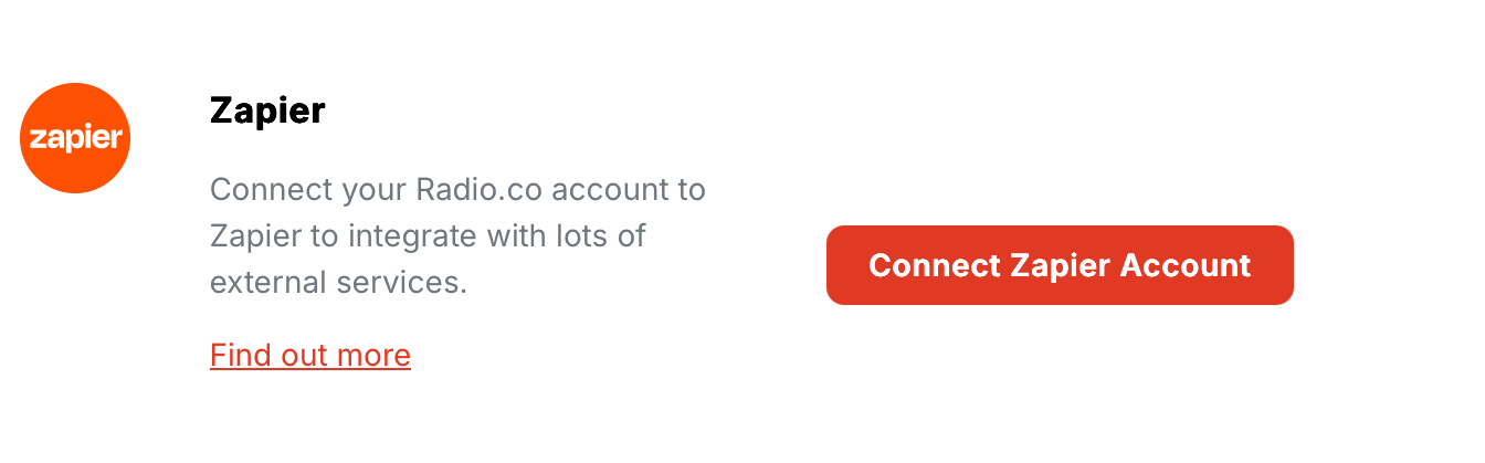 Screenshot of Radio.co dashboard showing Zapier feature