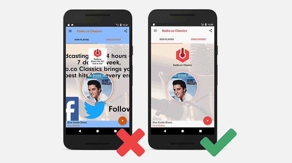 One smartphone with an incorrect method of radio app design on it with a red cross over the top, and another smartphone with a correct method of radio app design with a green tick over the top.