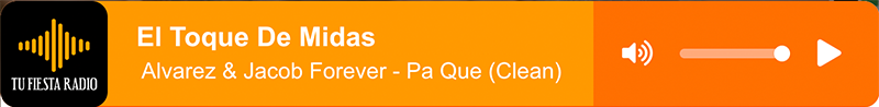 Image shows a screenshot of a Radio.co bar shape radio player, with the current track info displayed.
