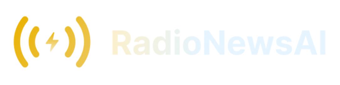 The RadioNews AI logo on a white background. It has an icon of 4 curved lines, arranged vertically in a circle shape, that are surrounding a small lightning bolt. To the left it has the words RadioNews AI. The colours are a spectrum of golden-yellow to pale blue, running from left to right.