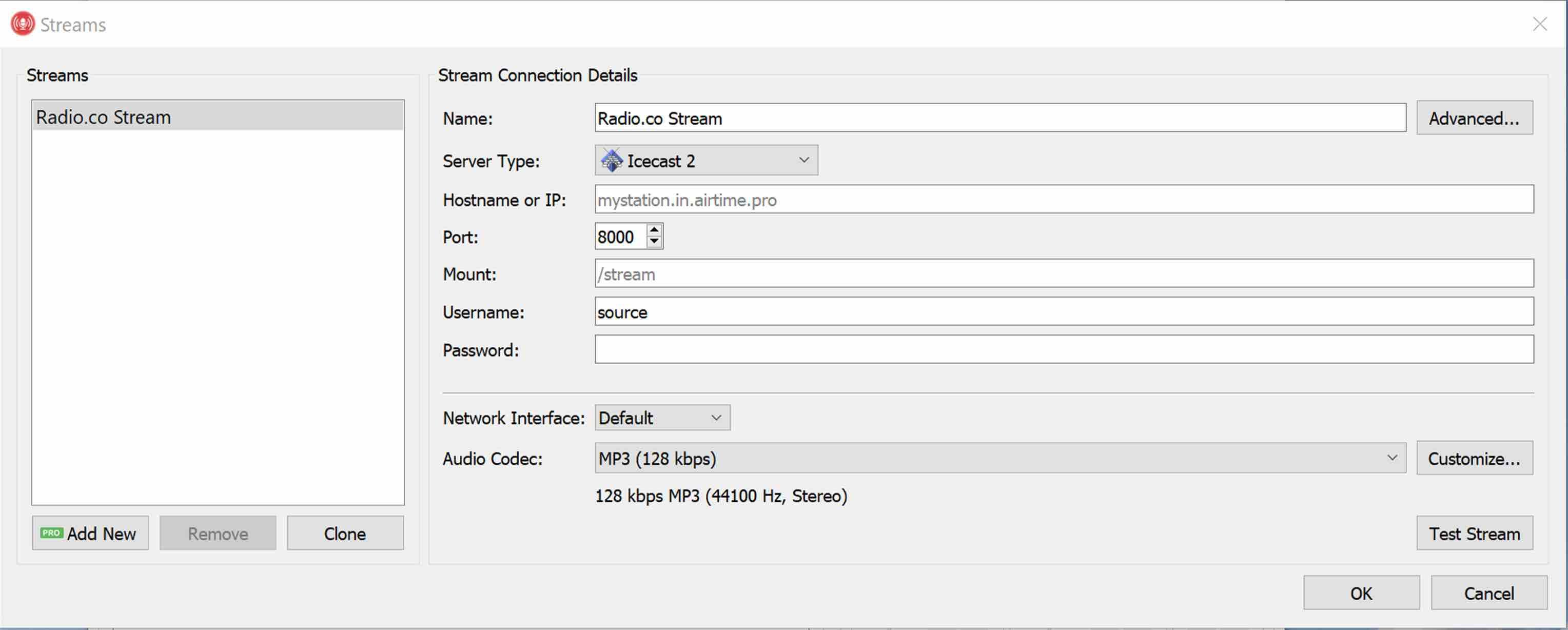 Image shows Rocket Broadcaster Stream Settings