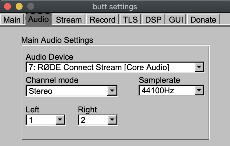 Image shows the BUTT Audio Settings for setting up RODE connect with your online radio station.