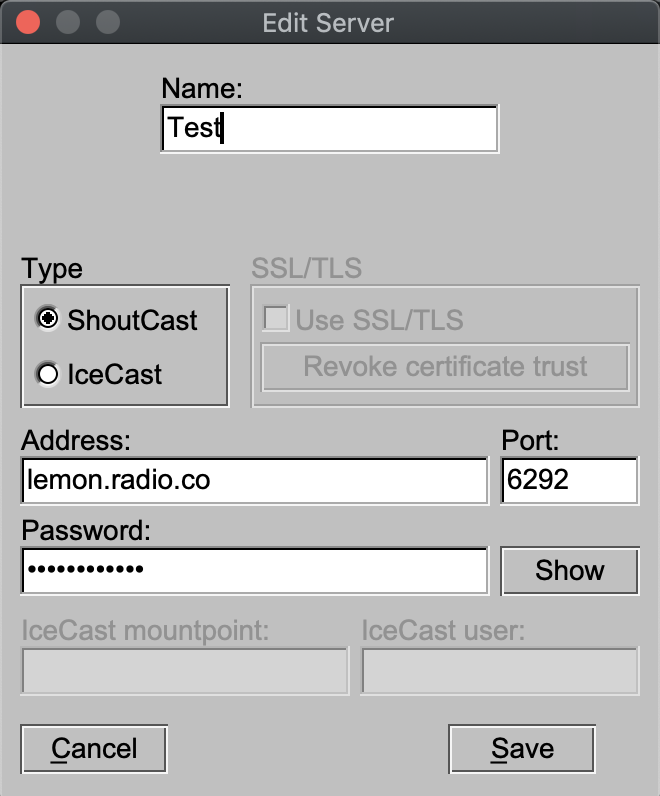 Image shows the BUTT Server Settings to set up RODE Connect.