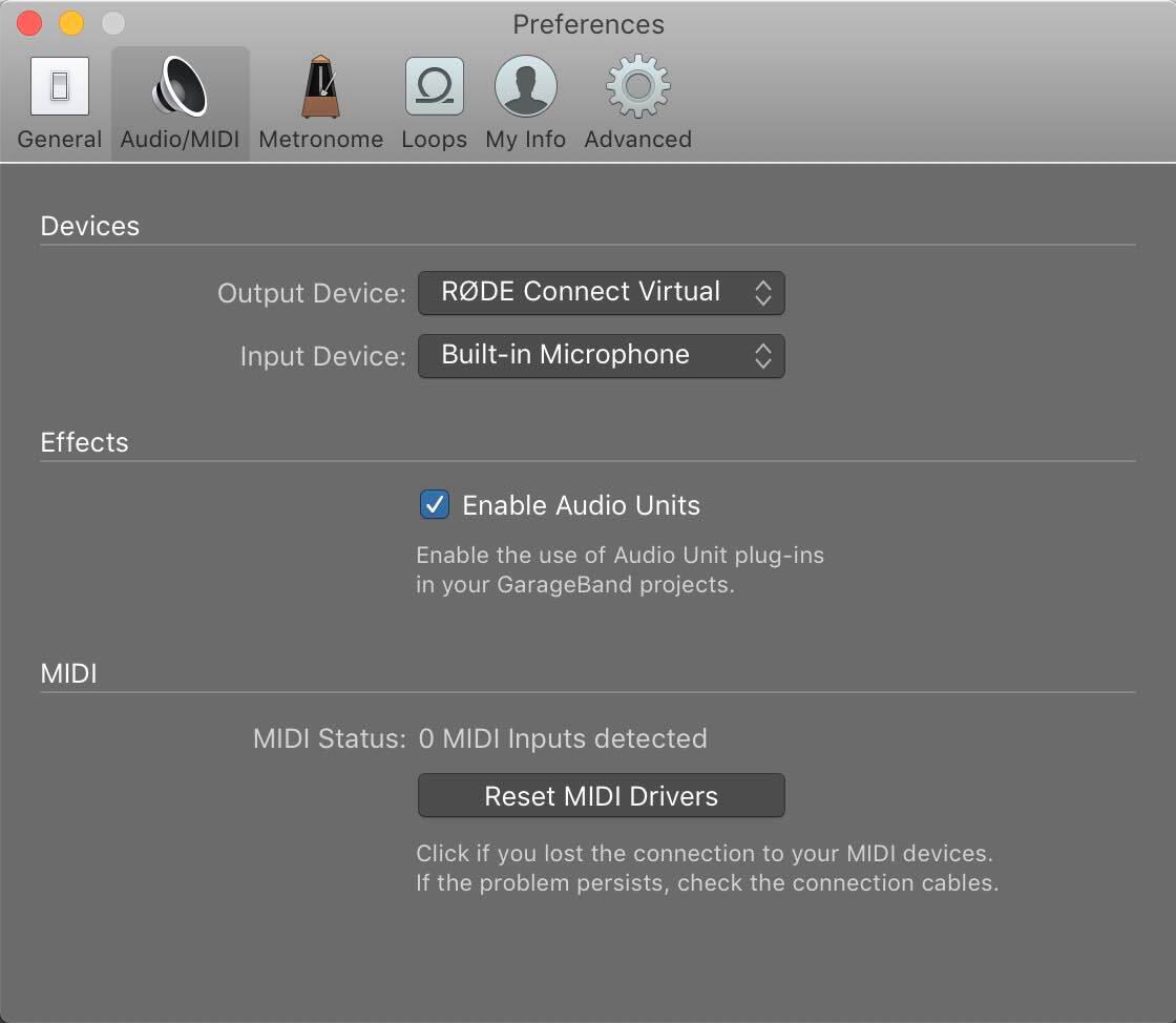 Image shows the Garageband audio settings for setting up Garageband with RODE connect.