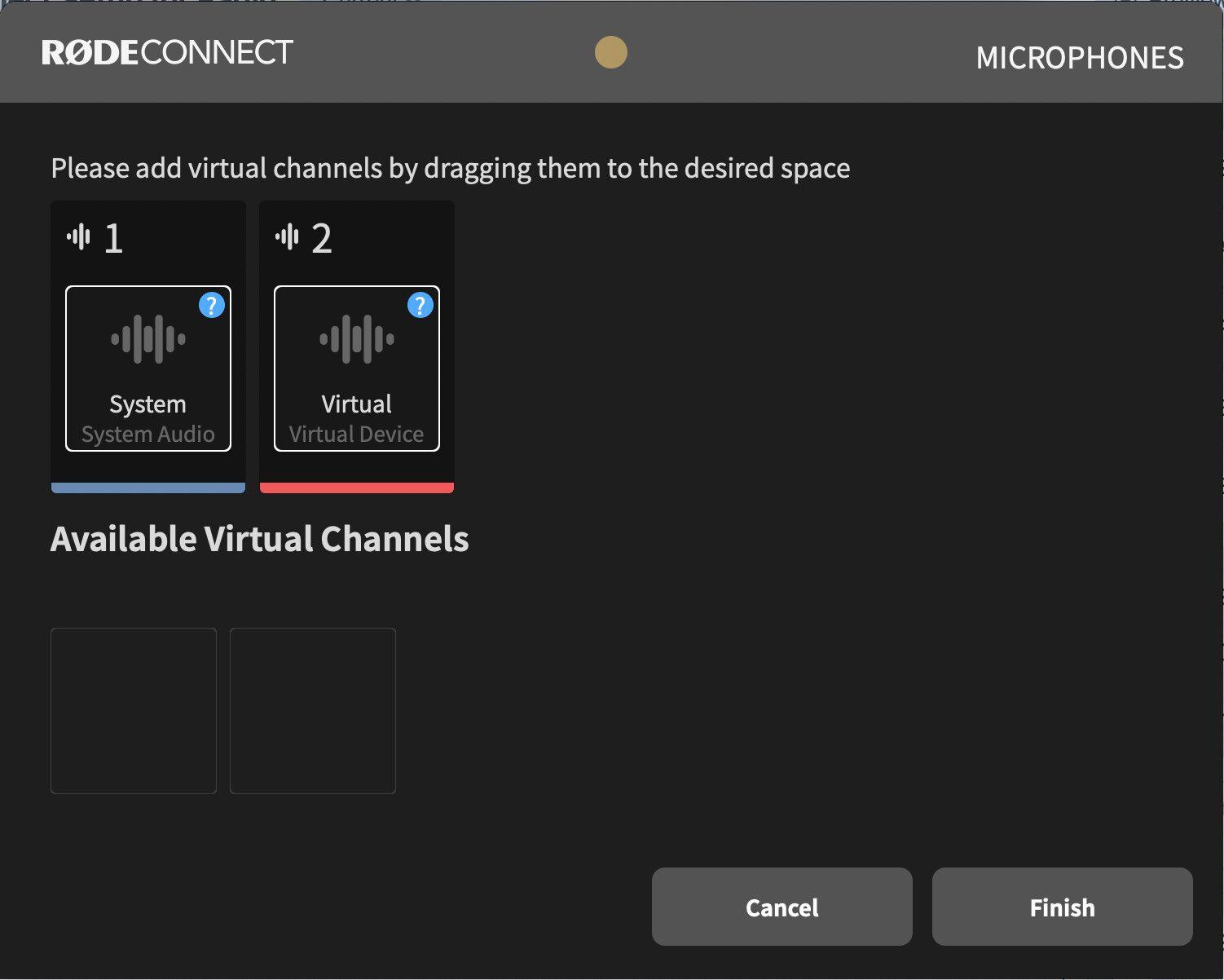 Image shows the virtual channel set up in RODE connect.