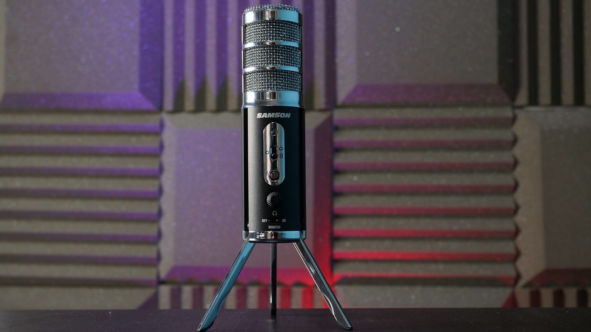 Image shows a Samson Satelitte microphone on a desk mic stand