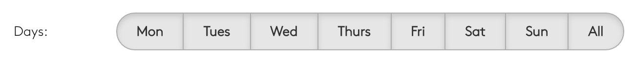 Image is a screenshot from the Radio.co dashboard showing the days of the week settings for news bulletins.