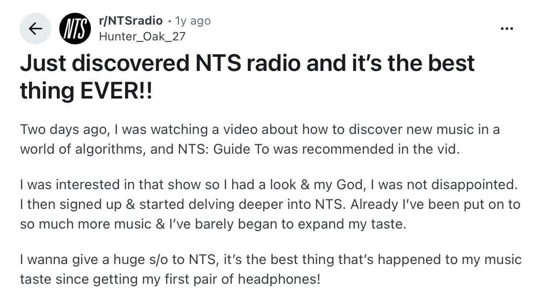 Screenshot of Reddit user praising NTS Radio.