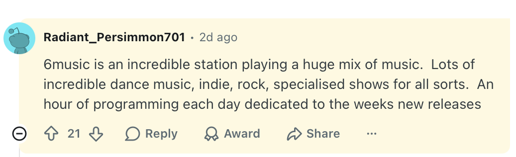 Screenshot of a Reddit user talking about BBC Radio 6 Music
