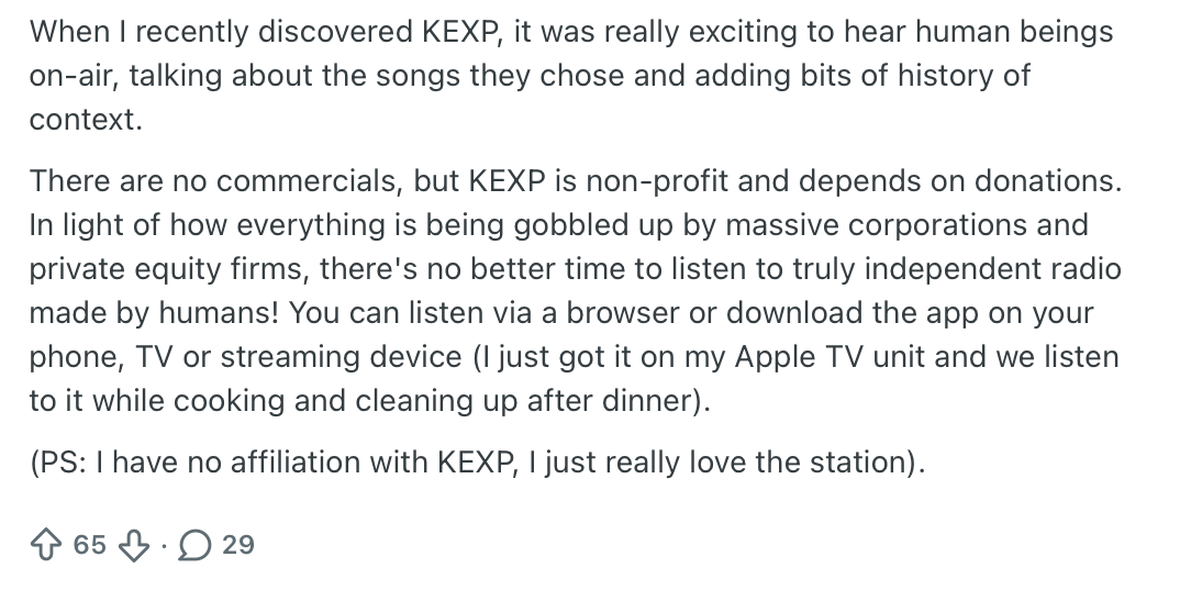 Screenshot of Reddit user complimenting KEXP