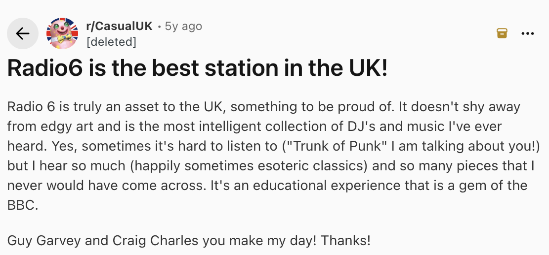 Screenshot of Reddit user talking about BBC Radio 6 Music.