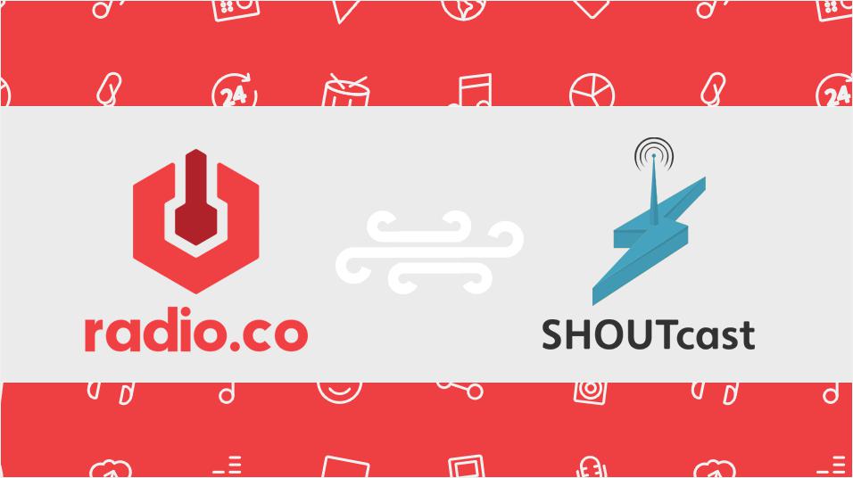 This is a red and white banner graphic. On the left is the radio.co red logo. On the left is the blue lightning bolt SHOUTcast. The background is a red pattern of various radio-related emoticons like music notes and portable radio illustrations.
