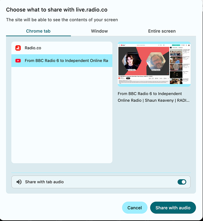 The window for selecting your system's audio in Radio.co's Live feature.