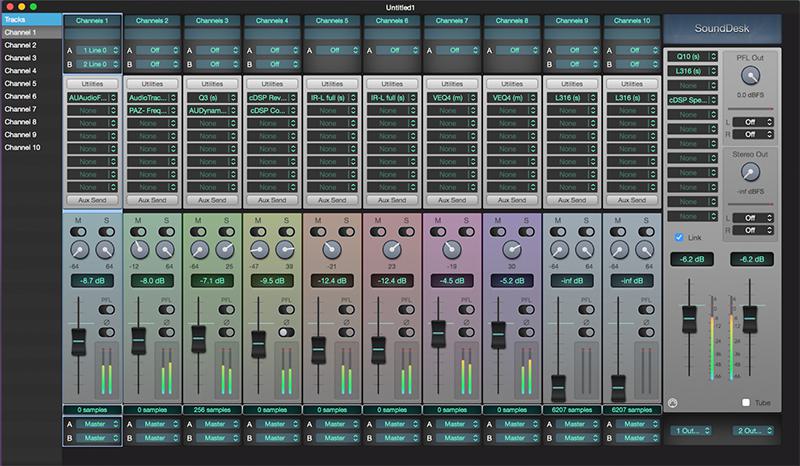 Image is a screenshot of the SoundDesk software, showing multiple channels to route audio sources and mix them.