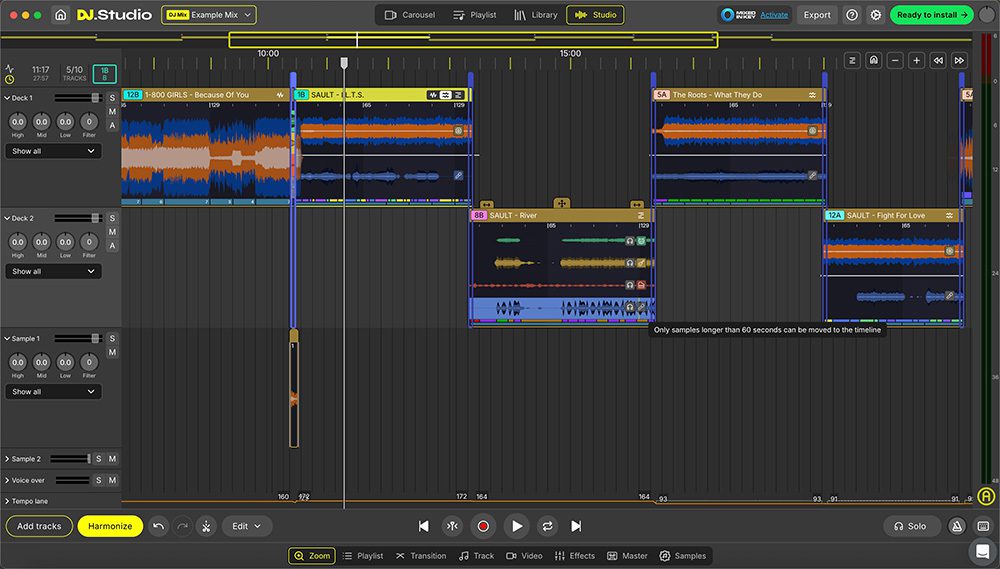 Image shows tracks with separated stems in DJ Studio.