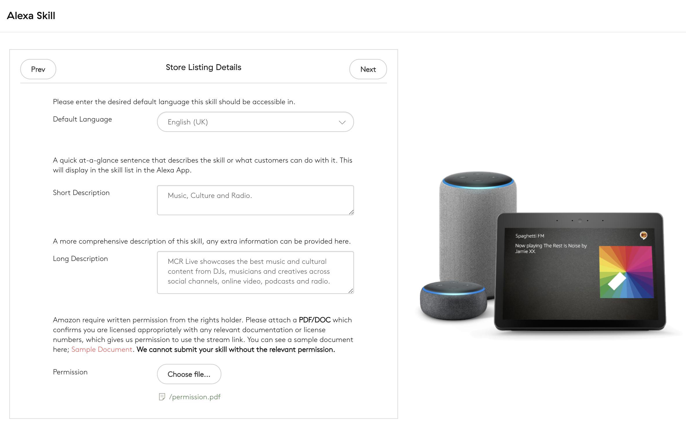 Image shows the Amazon Store Listing Details windows in the Radio.co dashboard.