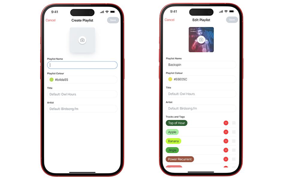 Two smartphones side by side, showing features of the Studio Mobile App on their screens. The phone on the left show the Create Playlist page while the phone on the right shows the edit playlist feature. a