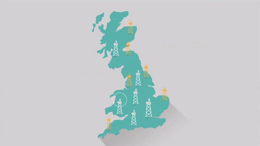 Image shows a design of the Scotland, Wales and England, with radio transmitters scattered across the countries.
