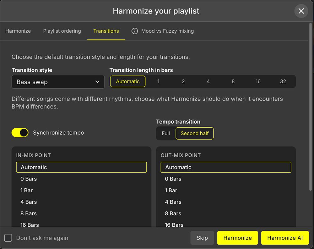 Image shows the Transitions tab in the Harmonize Window in DJ Studio.