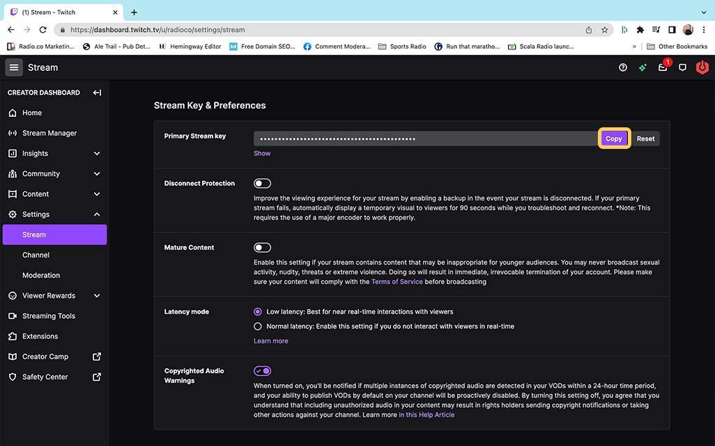 The stream settings in twitch, found under the 'Creator Platform'.
