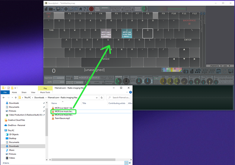 A screenshot showing the on-screen keyboard of Soundplant 50 and a window of audio sound effect files.