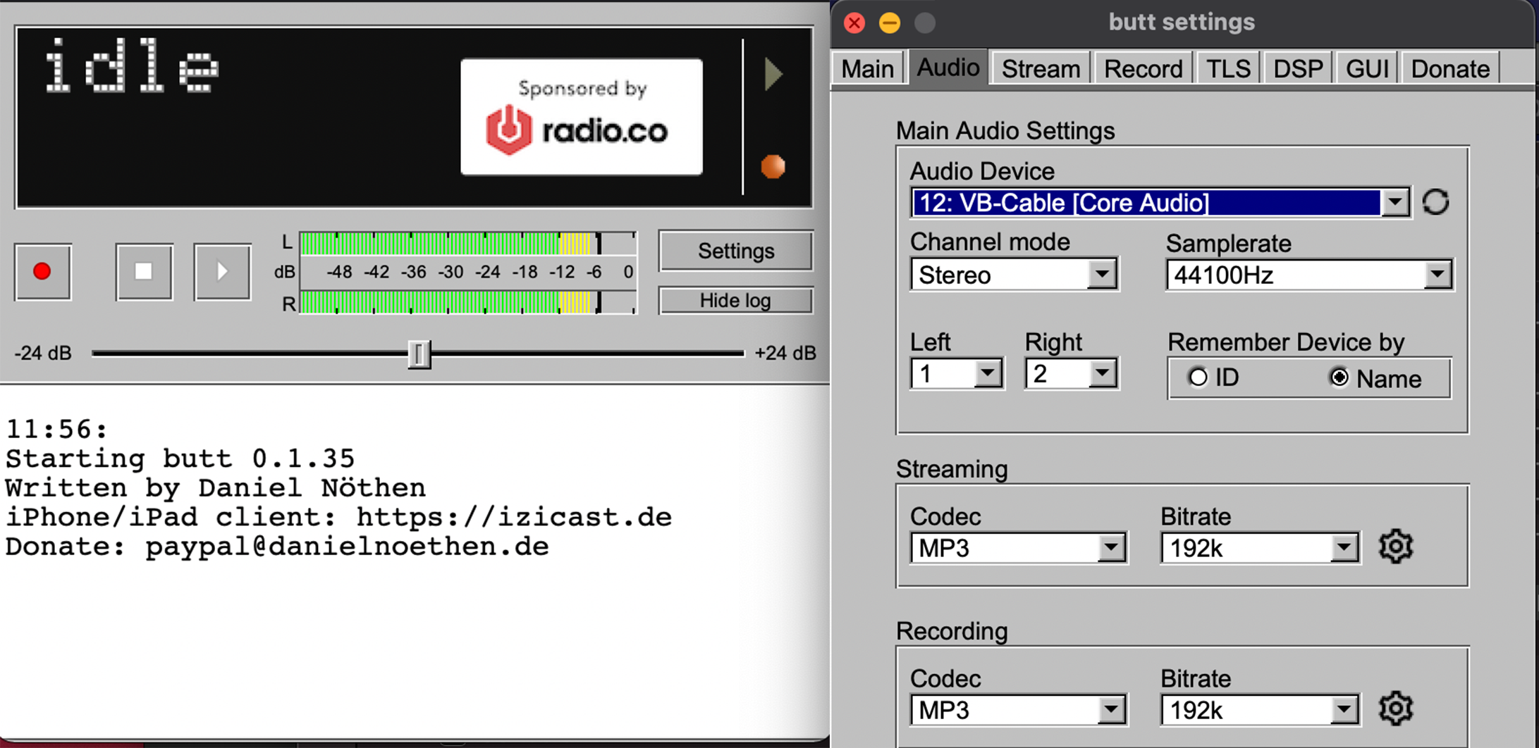 A screenshot showing the BUTT broadcasting panel and the BUTT Settings window. In the settings Window, the virtual audio cable has been selected as an input.
