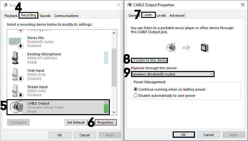 Two screenshots showing how to change the properties of your recording (aka output) device in Windows, so you can listen to it.