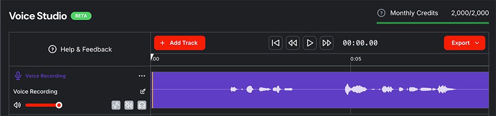 Image shows a voice over track within Radio.co's Voice Studio.