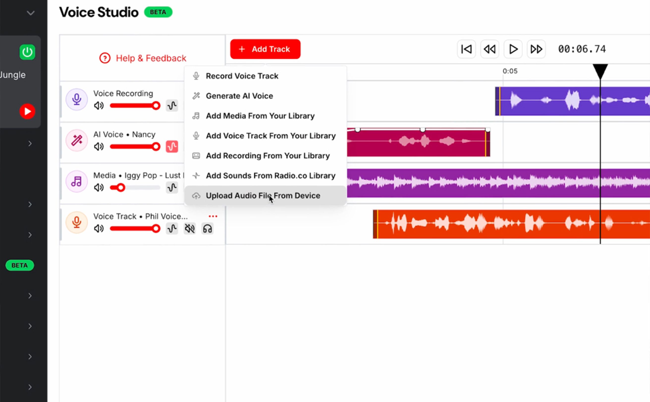 Image is a screenshot of Radio.co's Voice Studio. Showing how a human voice-over, an AI voice-over and music can be mixed together.