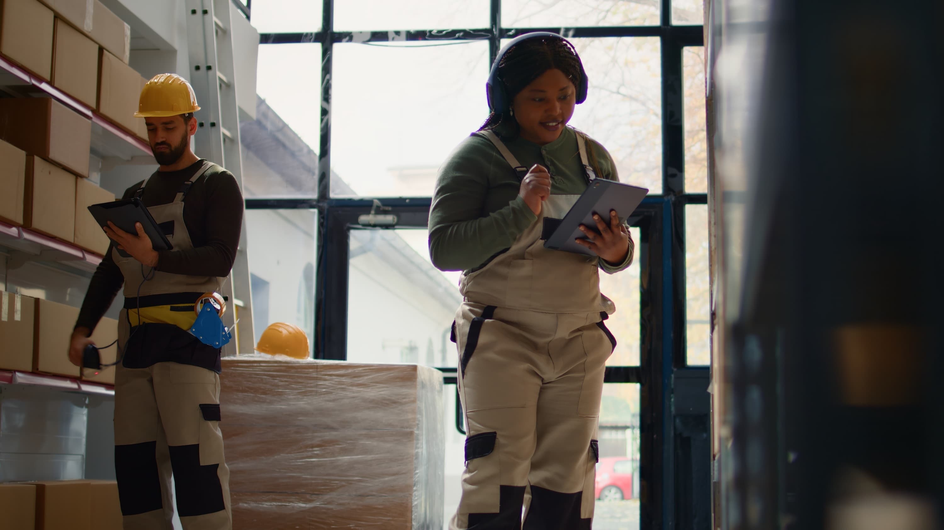 Warehouse workers looking at tablets, one male wearing safety helmet and one female wearing headphones.