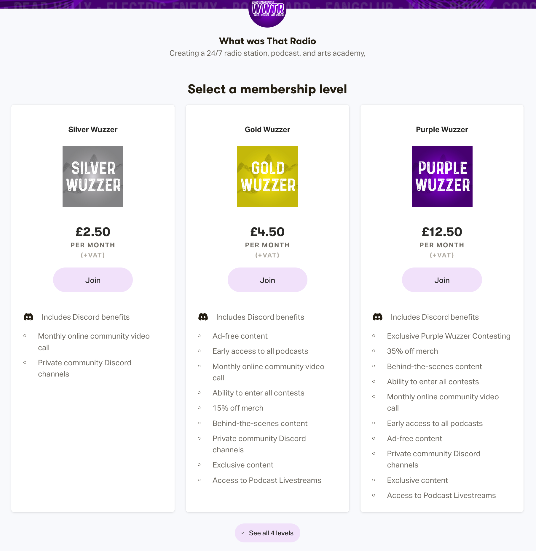 Image shows the Patreon membership tiers for What Was That Radio