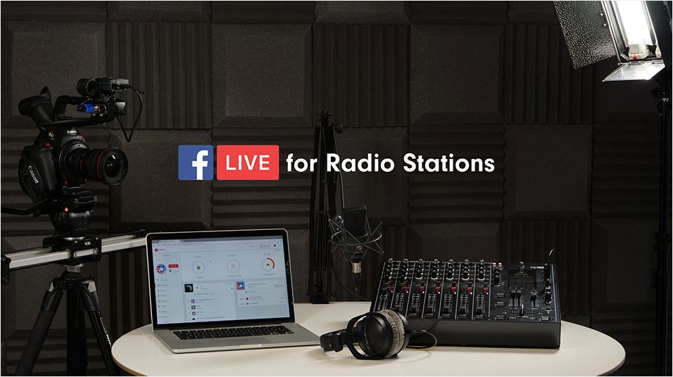 A plain studio with a lptop and a mixing desk next to it with some headphones. Above it is a captioned graphic: Facebook Live For Radio Stations.