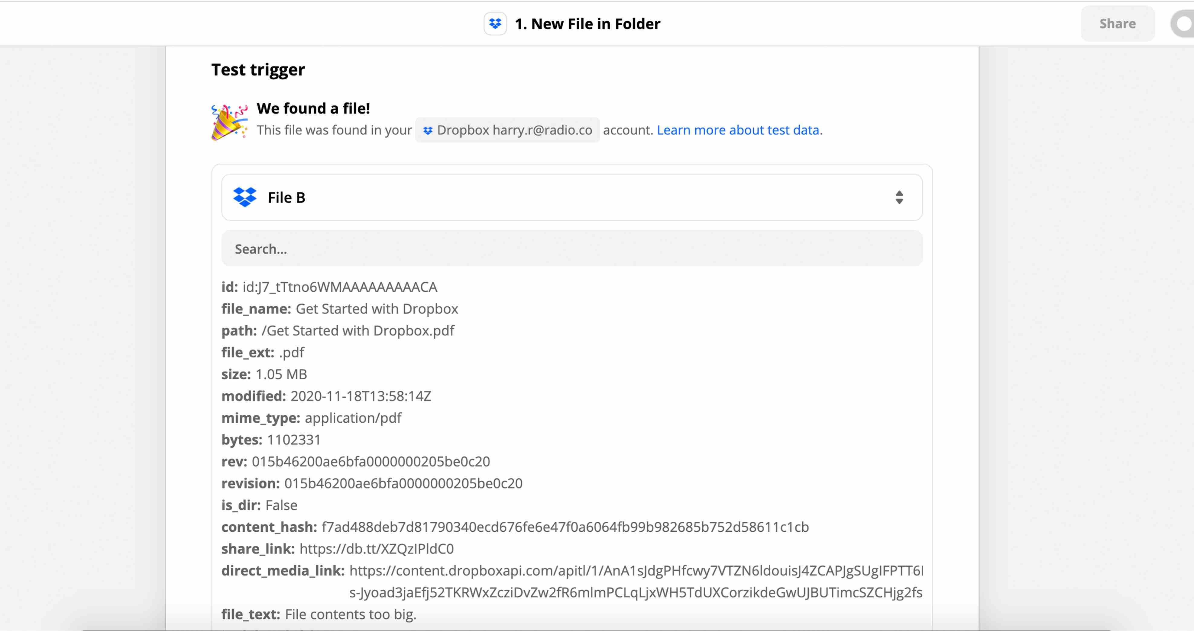 Image shows the Test Trigger tab in Zapier.