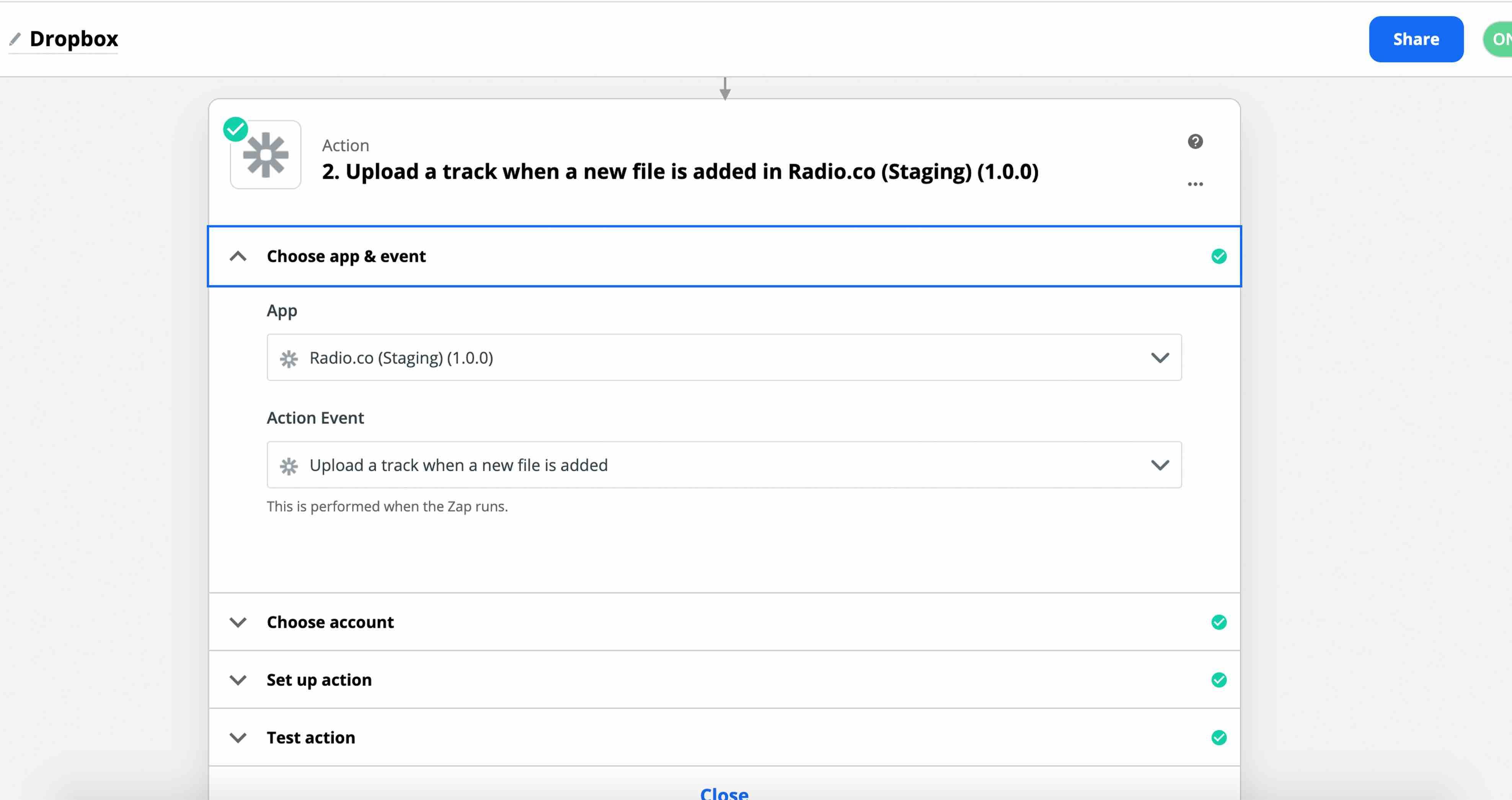 Image shows the Action settings in Zapier.