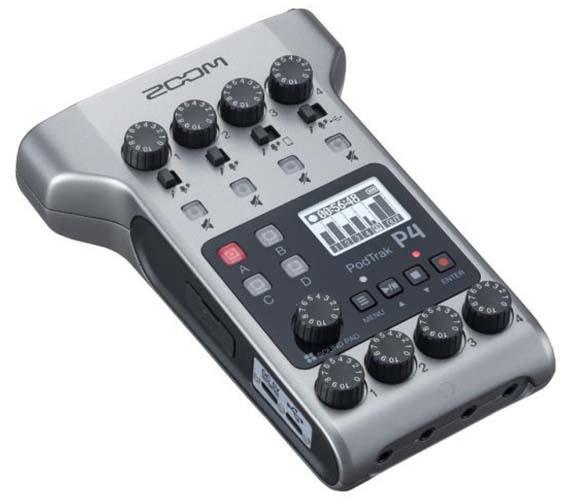 Image shows the PodTrak 4 podcast recorder and audio interface against a white background.